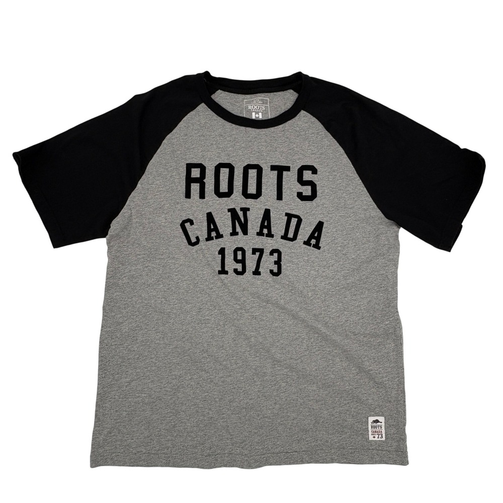 Roots Canada 1973 Raglan Sleeve T-Shirt Gray Black Men's‎ Large L